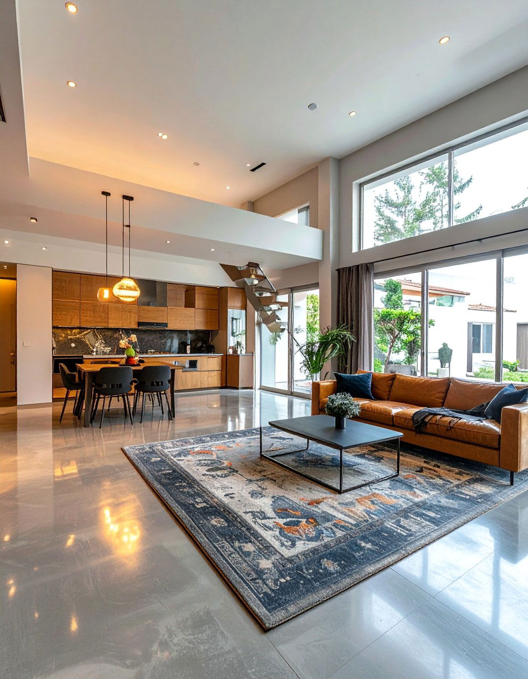 Polished Grey Concrete Floor in an Open Concept Space - 25 Grey Flooring Living Room Ideas for Modern Homes