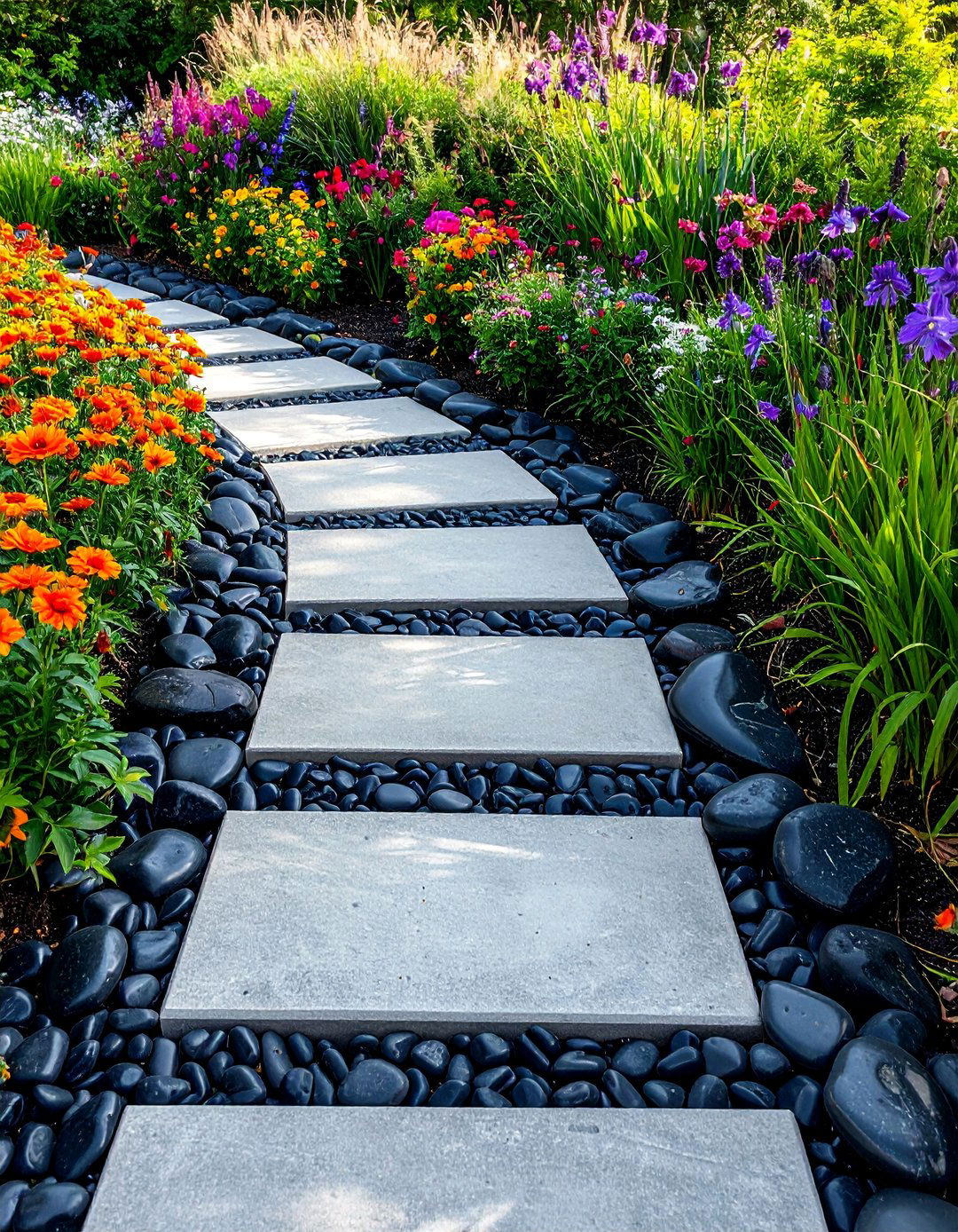 Polished River Rock Edged Garden Path - 30 Garden Path Ideas to Enhance Your Outdoor Space