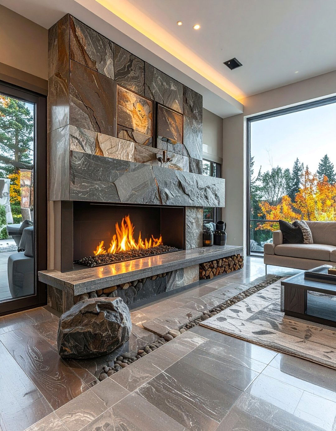 Polished River Rock Fireplace Facade - 30 Unique River Rock Fireplace Ideas for Cozy Homes