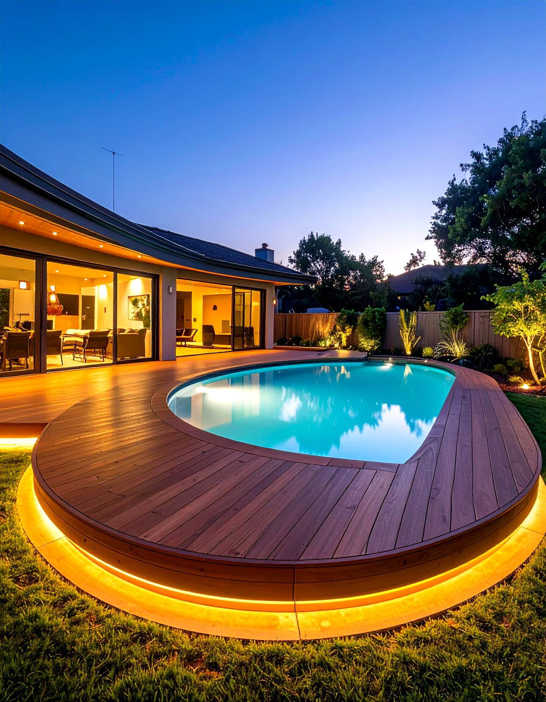 Pool Deck with Curved Edges - 20 Floating Deck Ideas for a Modern Outdoor Living Space