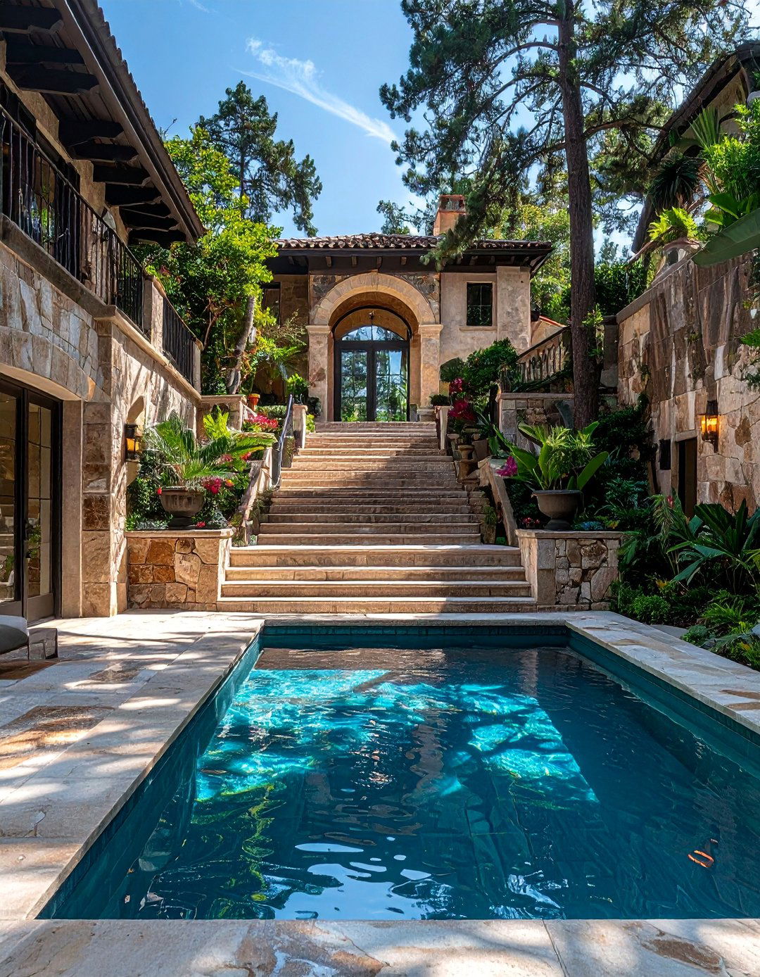 Pool with Dramatic Entry Staircase - 30 Luxury Swimming Pool Design Ideas for Your Backyard