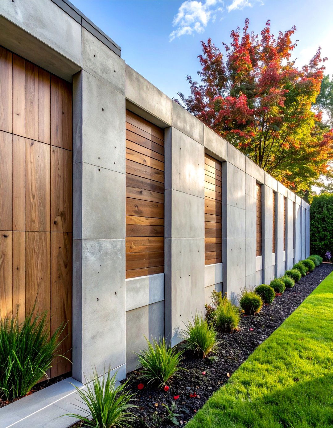 Poured Concrete Fence with Wood Inlays - 25 Decorative Fence Ideas to Enhance Your Outdoor Space