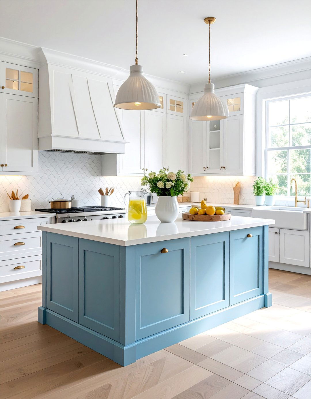 Powder Blue Island with Wainscoting Panels - 30 White Kitchen Cabinets With Blue Island Design Ideas