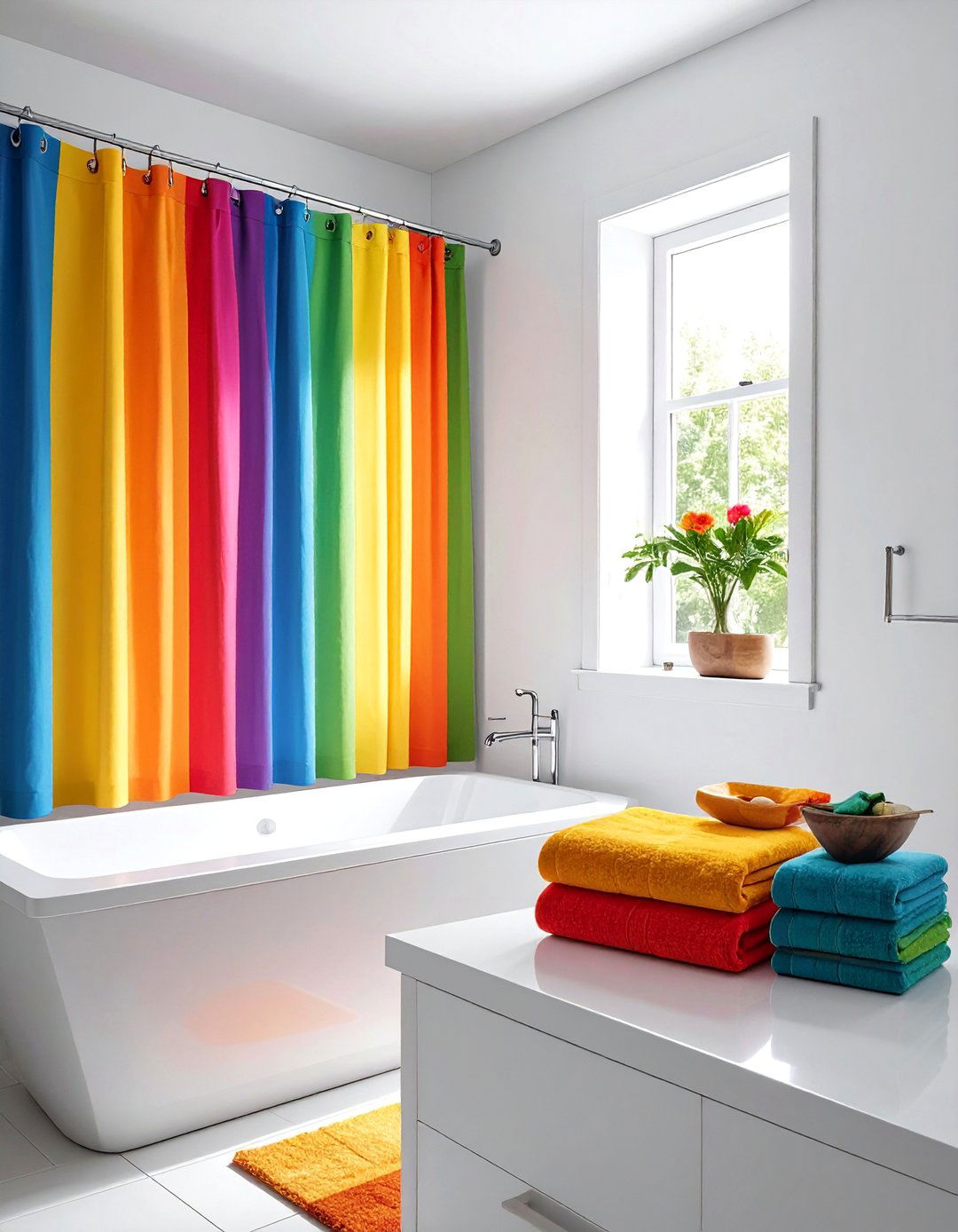 Rainbow Striped Bathroom Shower Curtain - 25 Colorful Bathroom Ideas to Brighten Your Space