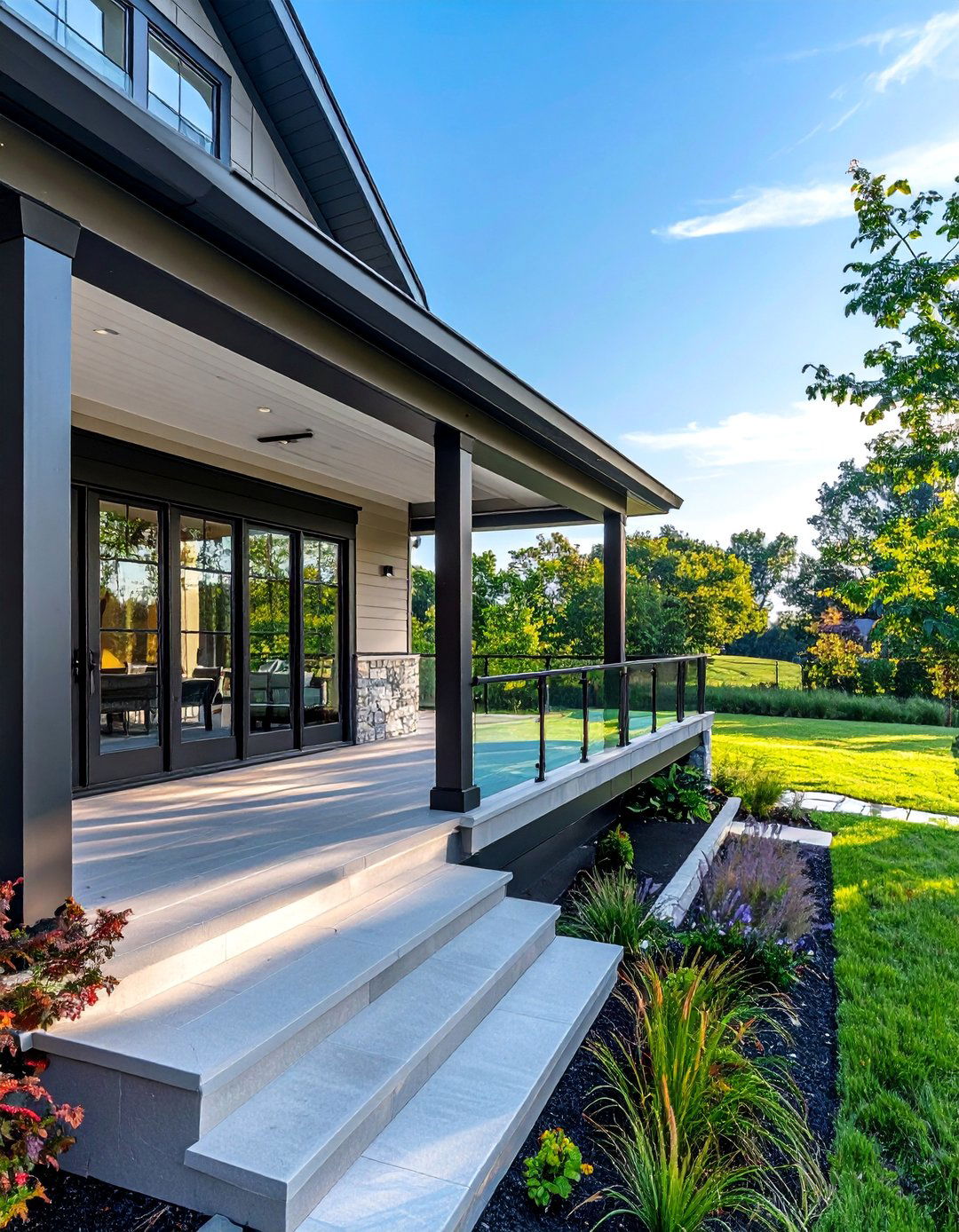 Raised Ranch Front Porch with Glass Panel Railings - 25 Raised Ranch Front Porch Ideas for Curb Appeal