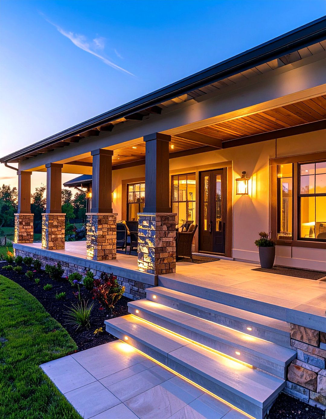 Raised Ranch Front Porch with Landscape Lighting - 25 Raised Ranch Front Porch Ideas for Curb Appeal