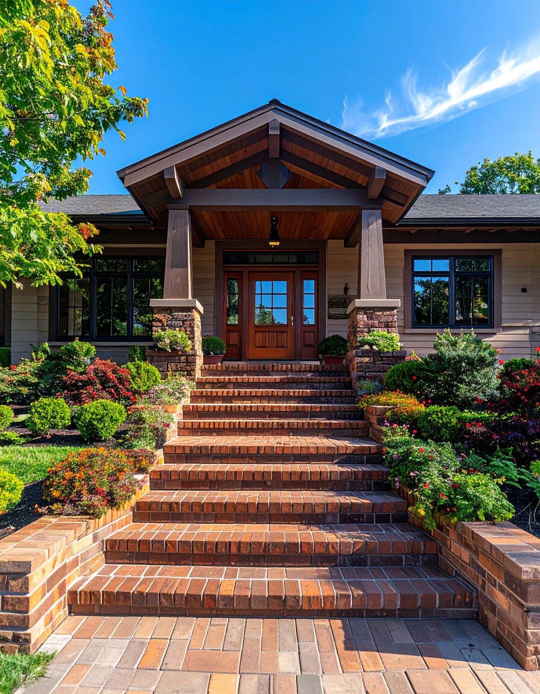 Raised Ranch Front Porch with Wide Flared Stairs - 25 Raised Ranch Front Porch Ideas for Curb Appeal