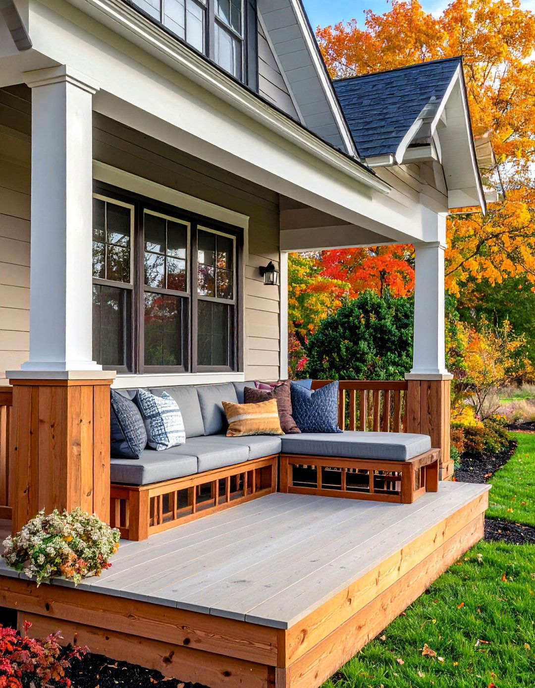 Raised Ranch Front Porch with a Built In Seating Area - 25 Raised Ranch Front Porch Ideas for Curb Appeal