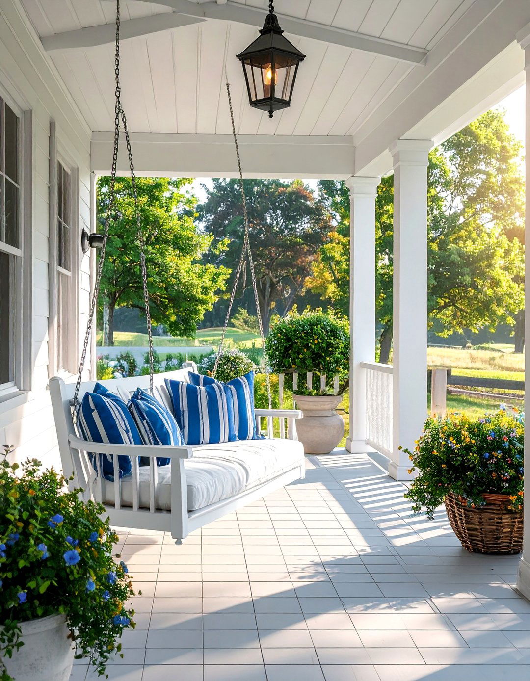 Raised Ranch Front Porch with a Hanging Swing - 25 Raised Ranch Front Porch Ideas for Curb Appeal