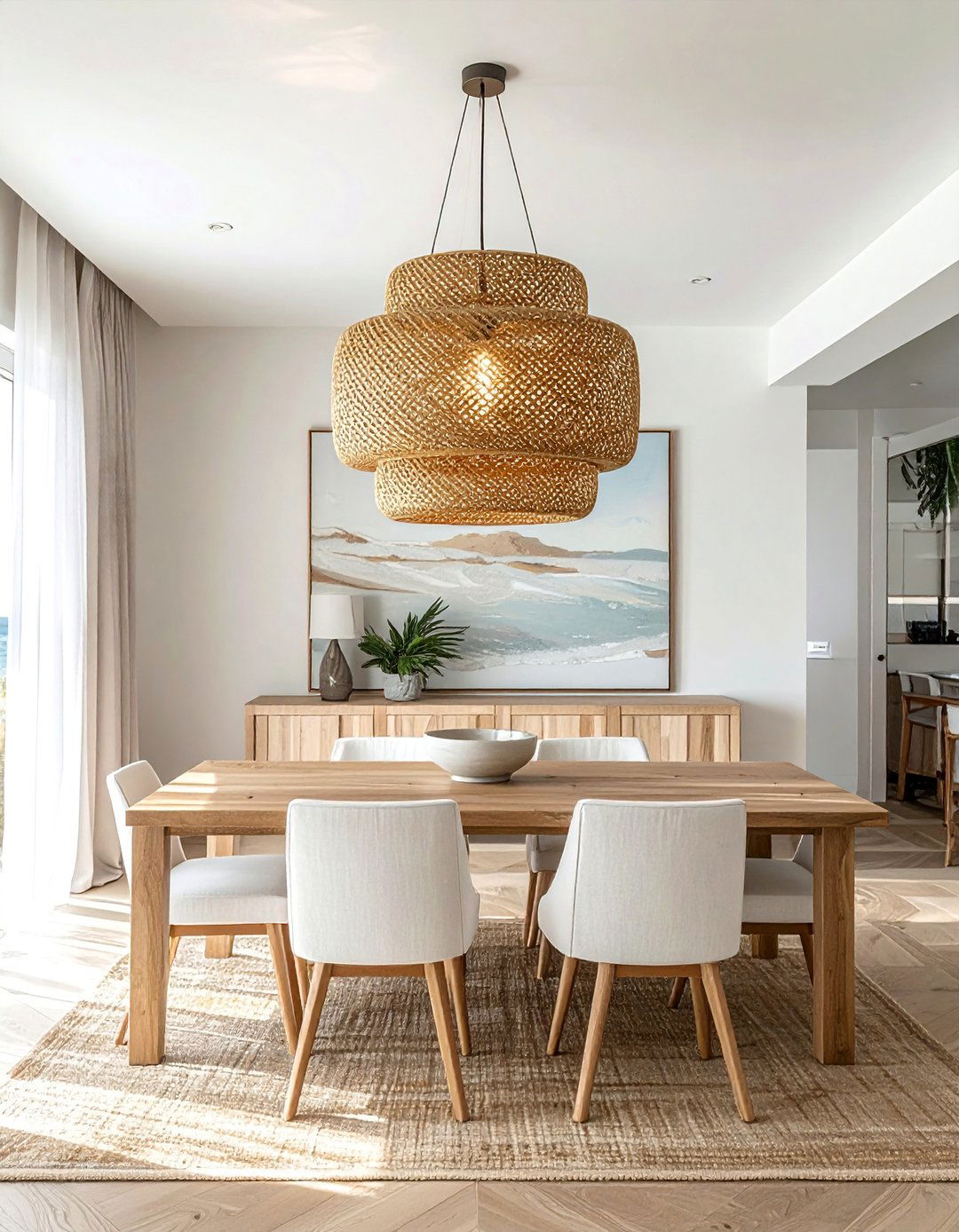 Rattan Pendant Lighting in a Coastal Dining Room - 20 Coastal Dining Room Ideas for a Beachy Vibe