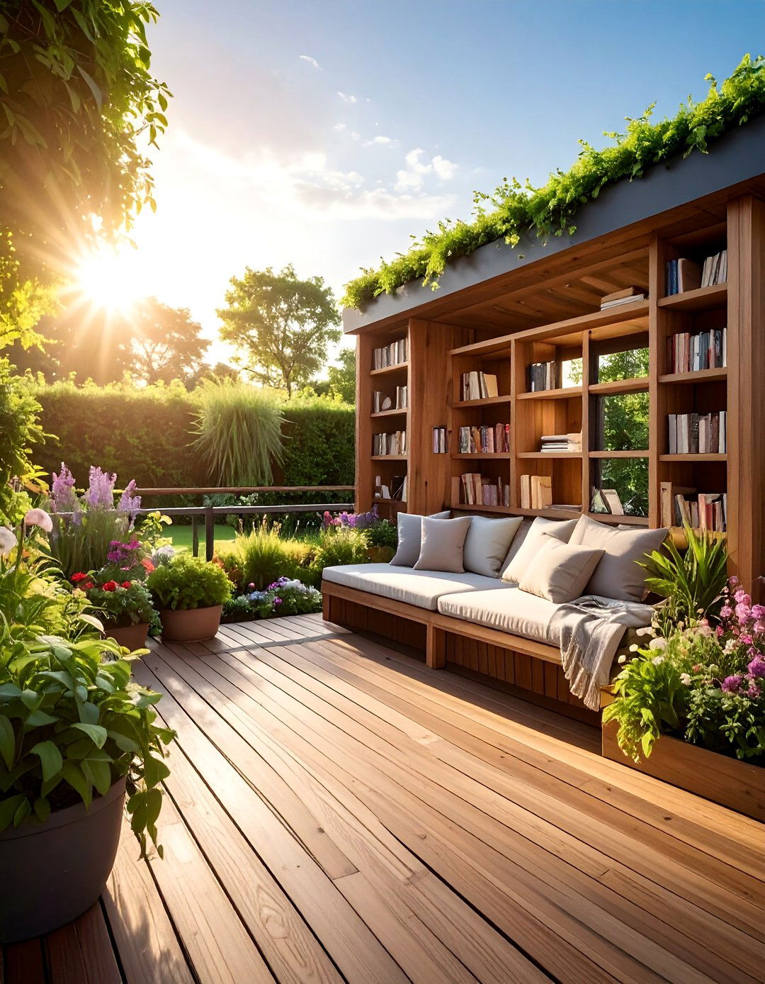 Reading Nook Deck with Built in Bookshelves - 20 Floating Deck Ideas for a Modern Outdoor Living Space