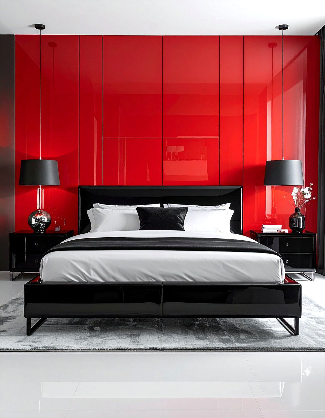 Red Accent Wall with Black Lacquer Furniture - 25 Red and Black Bedroom Ideas for a Bold Statement