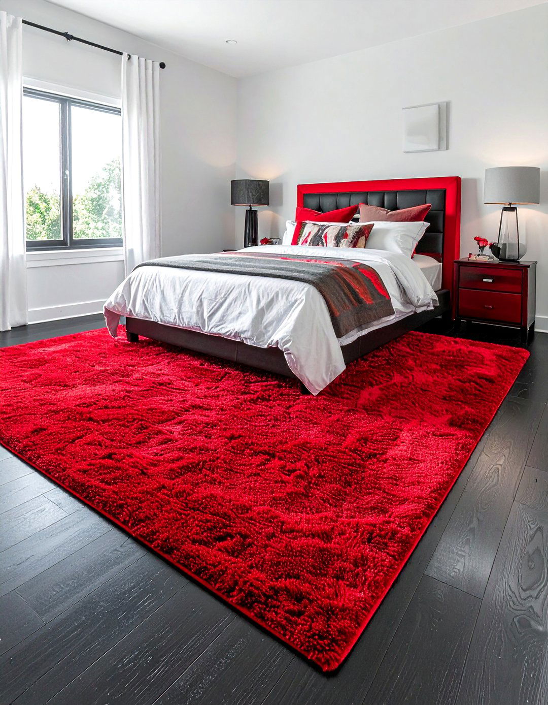 Red Area Rug on Black Flooring - 25 Red and Black Bedroom Ideas for a Bold Statement