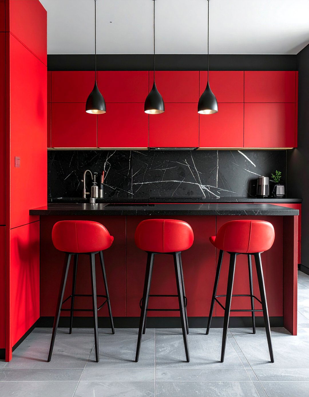 Red Bar Stools for a Pop of Color - 25 Red and Black Kitchen Ideas for a Dramatic Flair