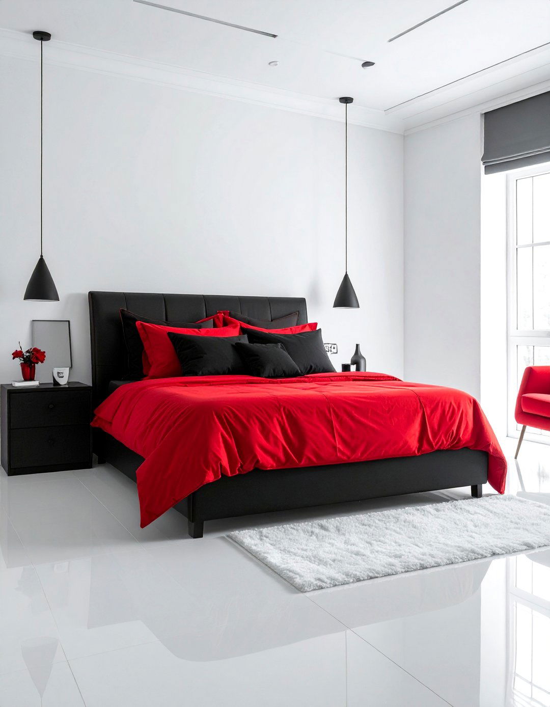 Red Bedding in a Minimalist Black and White Room - 25 Red and Black Bedroom Ideas for a Bold Statement