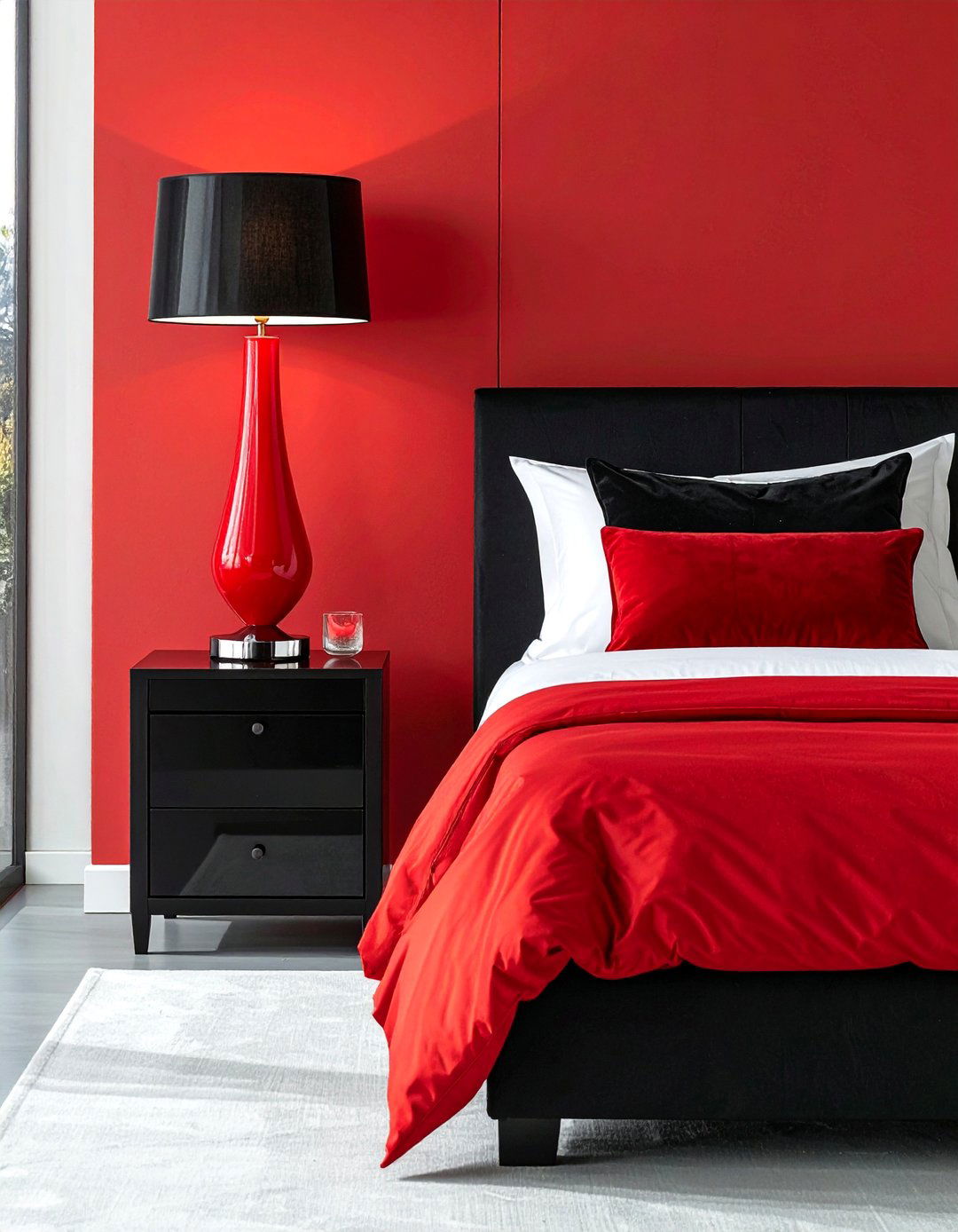 Red Bedside Lamps on Black Nightstands - 25 Red and Black Bedroom Ideas for a Bold Statement