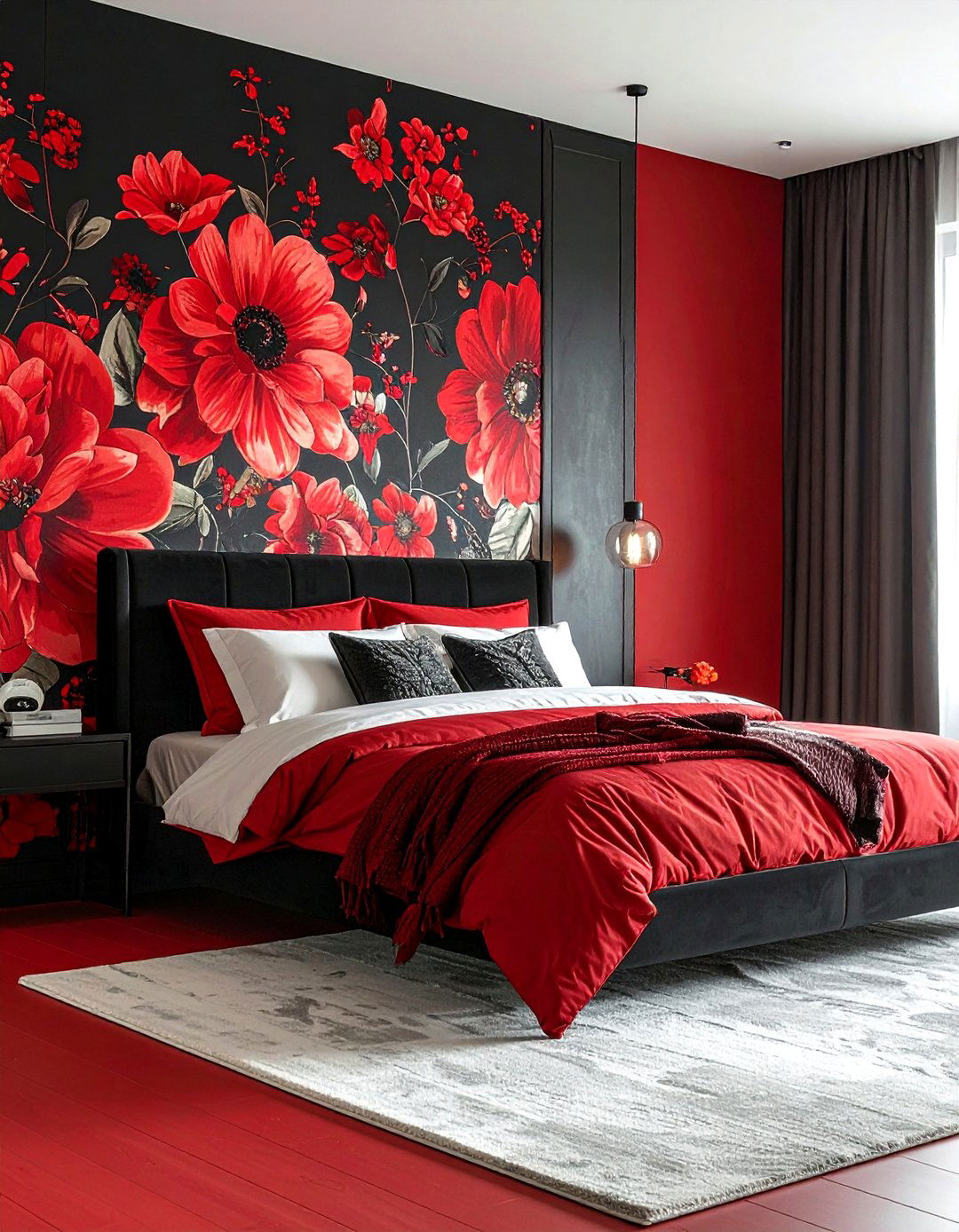 Red Floral Wallpaper with Black Accents - 25 Red and Black Bedroom Ideas for a Bold Statement