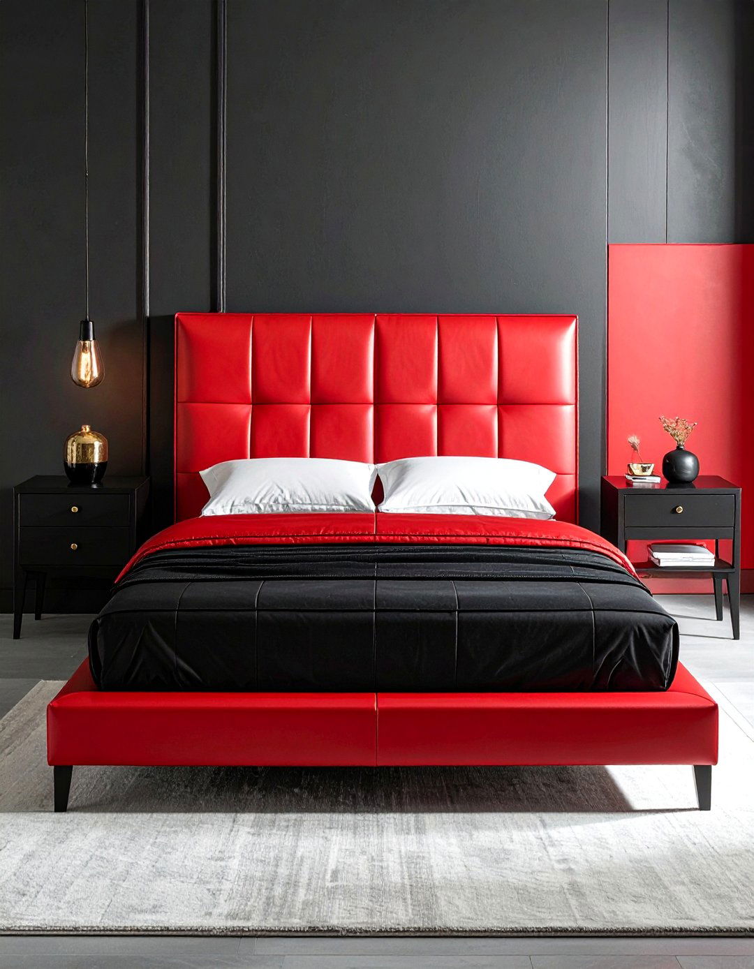 Red Leather Bed with Black Bedside Tables - 25 Red and Black Bedroom Ideas for a Bold Statement
