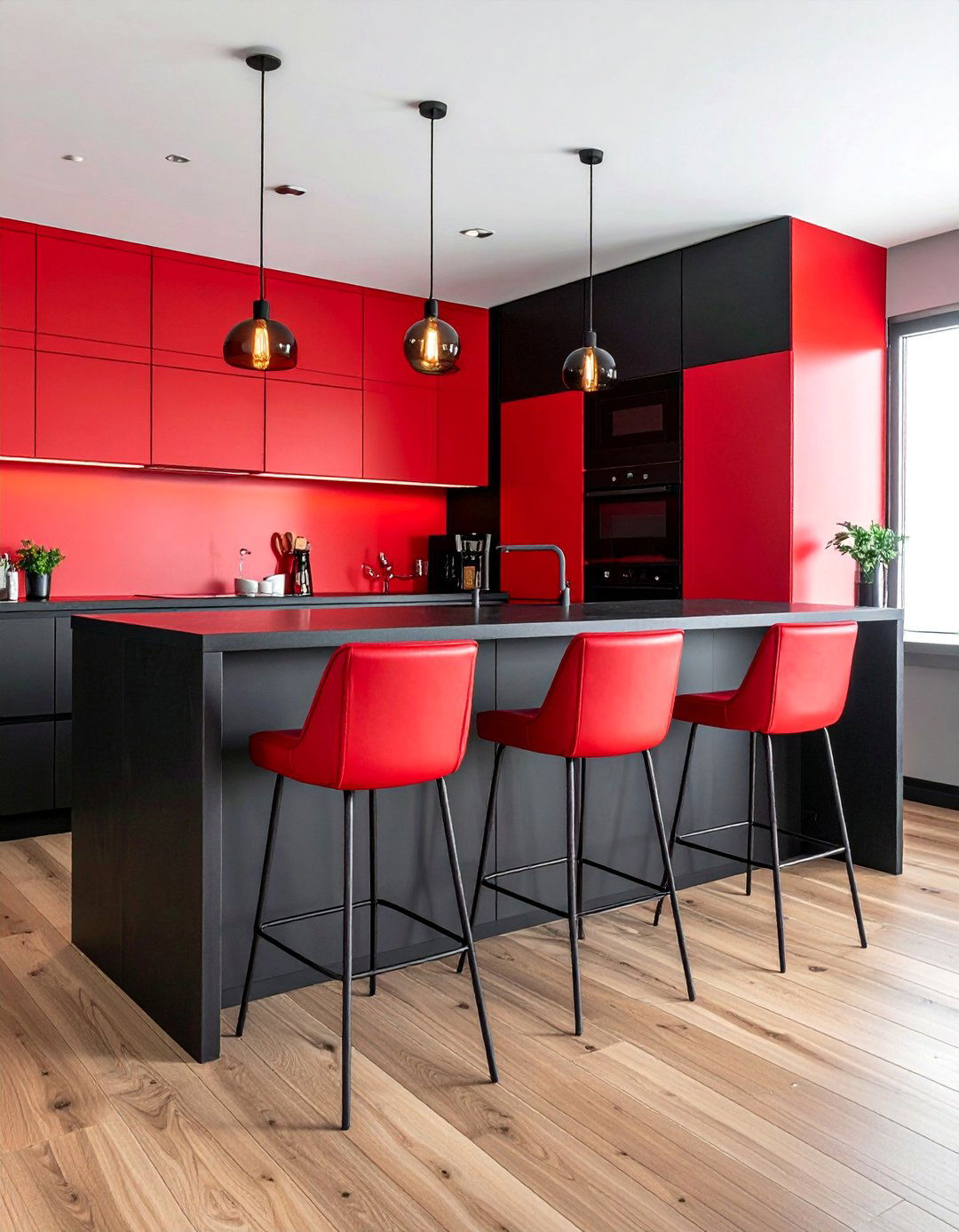 Red Leather Upholstery on Seating - 25 Red and Black Kitchen Ideas for a Dramatic Flair