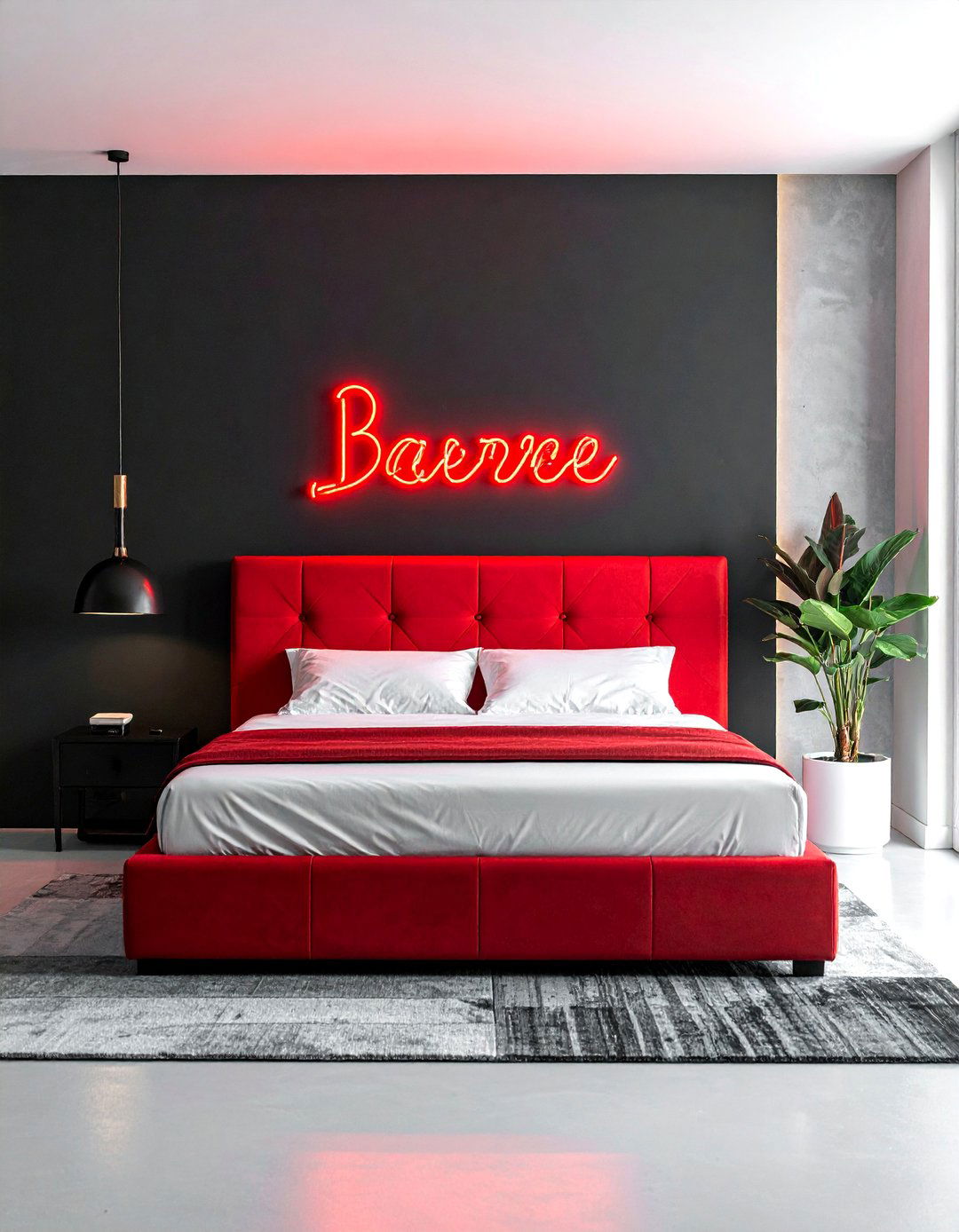 Red Neon Sign on a Black Wall - 25 Red and Black Bedroom Ideas for a Bold Statement
