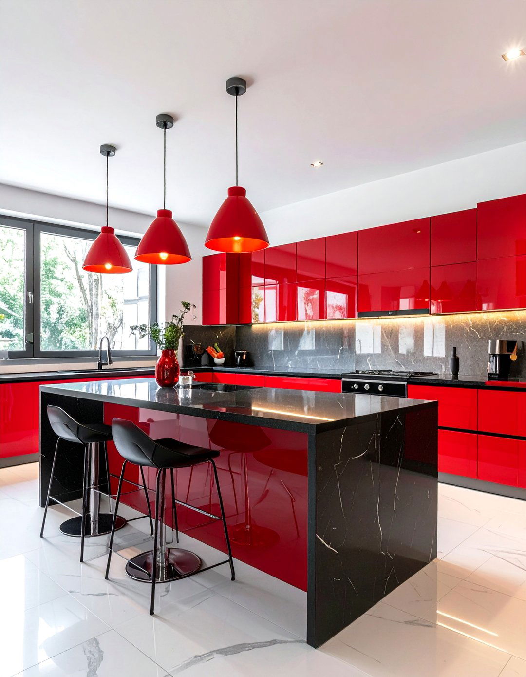 Red Pendant Lighting Over a Black Island - 25 Red and Black Kitchen Ideas for a Dramatic Flair