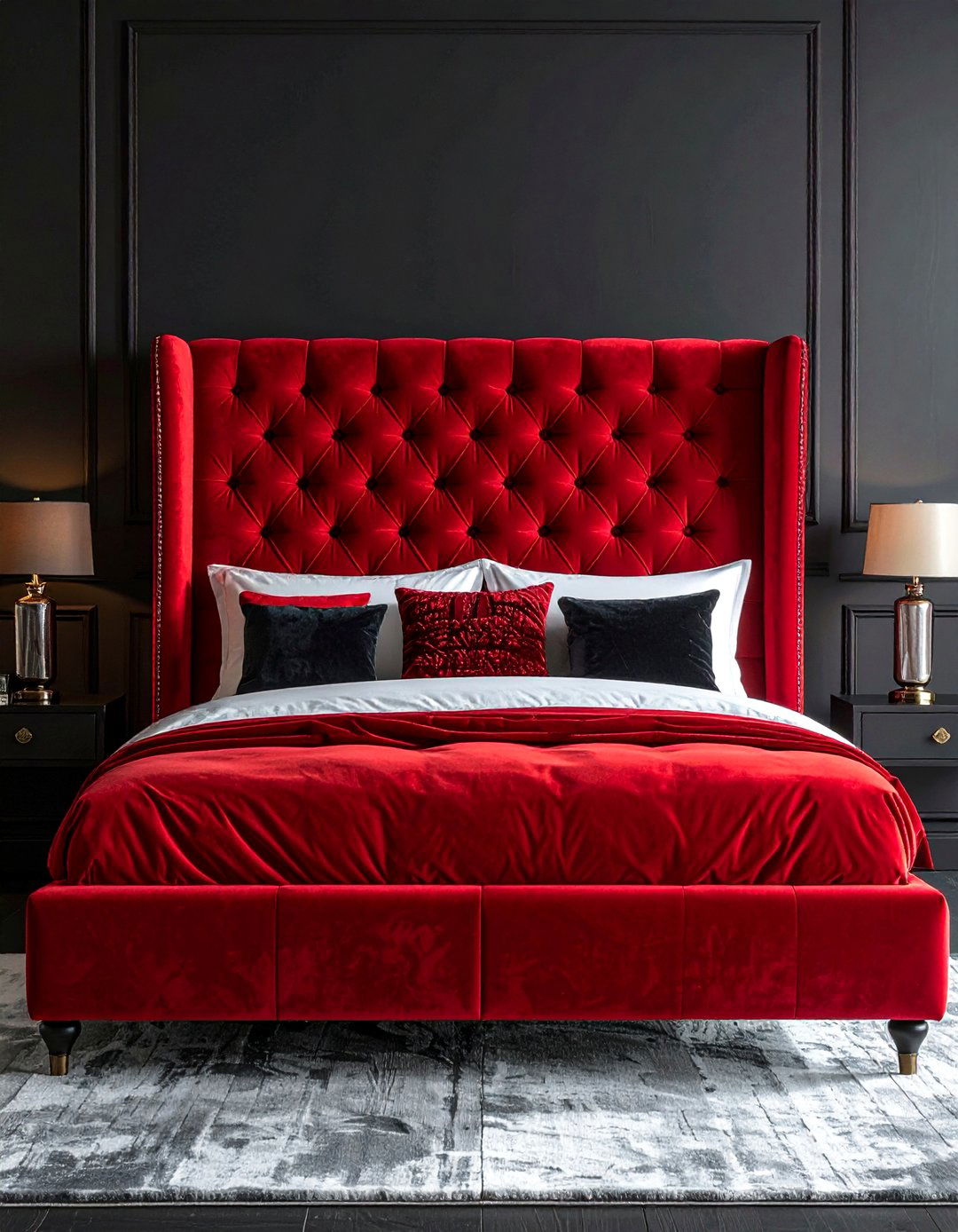 Red Upholstered Headboard in a Black Room - 25 Red and Black Bedroom Ideas for a Bold Statement