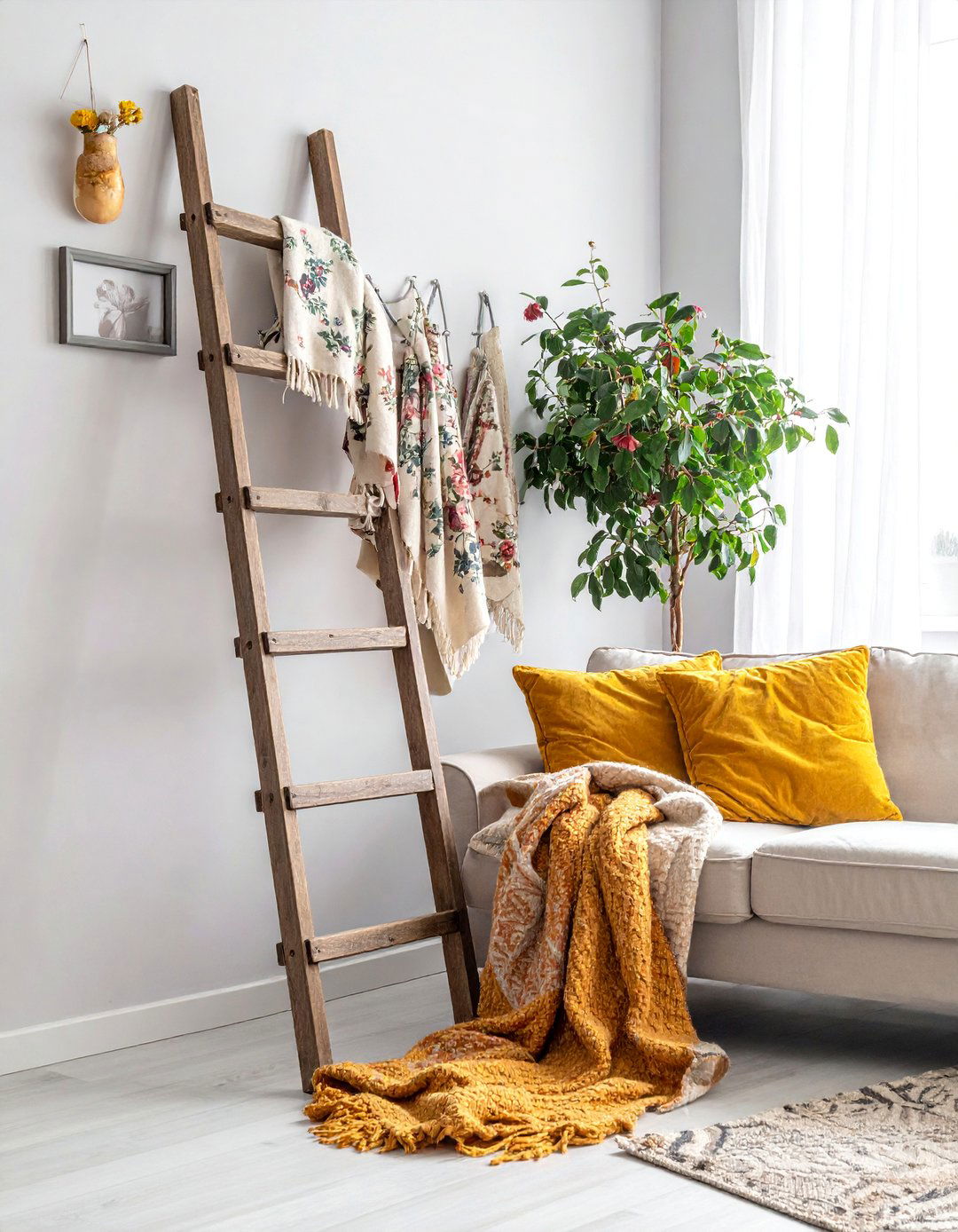 Repurposed Vintage Ladder for Blankets - 25 Shabby-chic Style Living Room Ideas for Charm