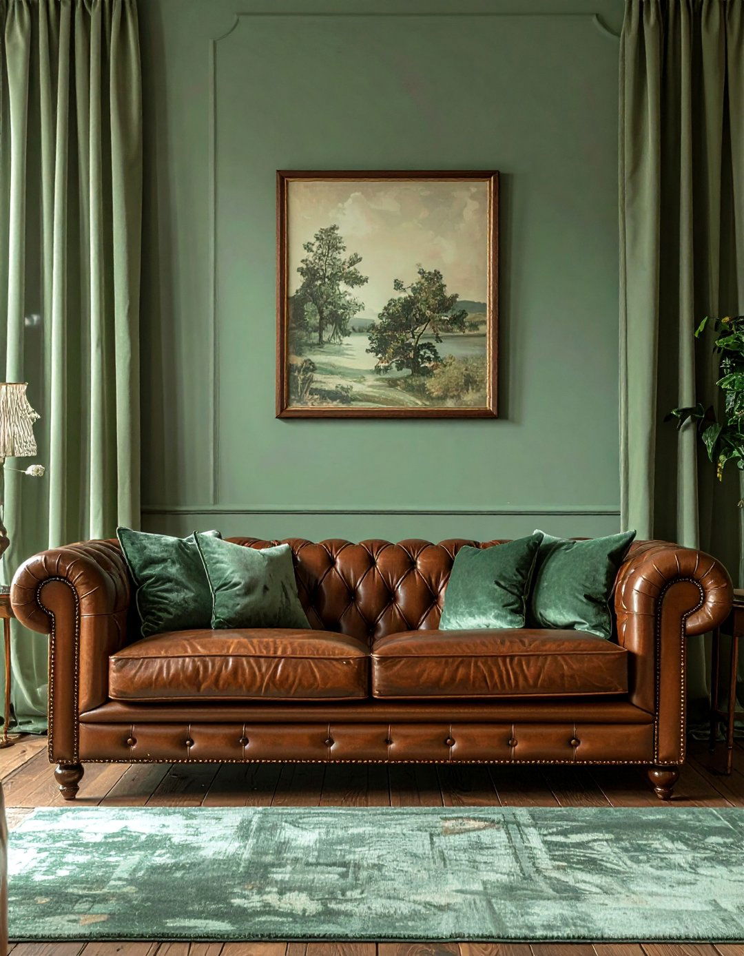 Rich Brown Leather Sofa as the Centerpiece - 20 Sage Green and Brown Living Room Ideas for Balance