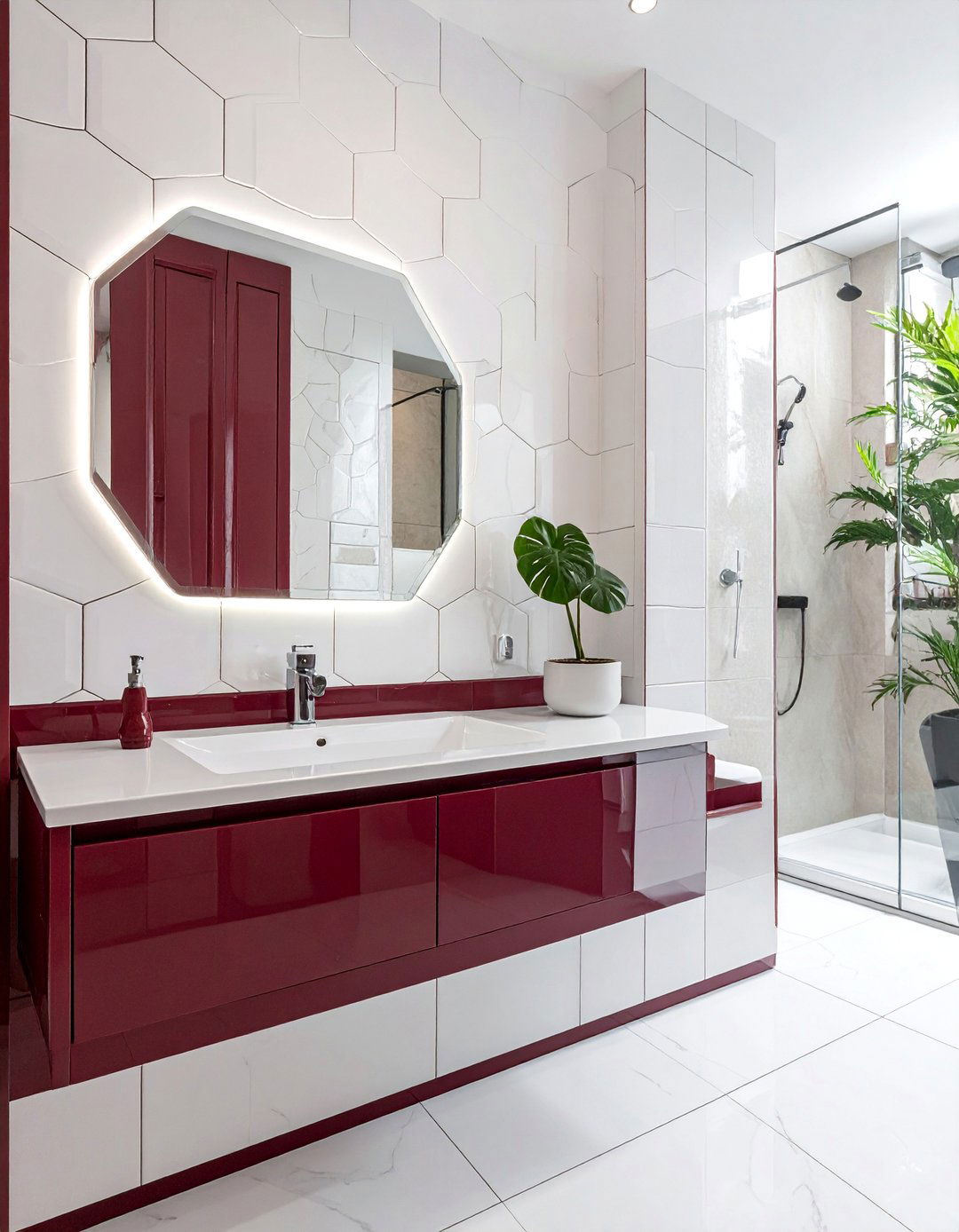 Rich Burgundy Grout with White Bathroom Tiles - 25 Colorful Bathroom Ideas to Brighten Your Space