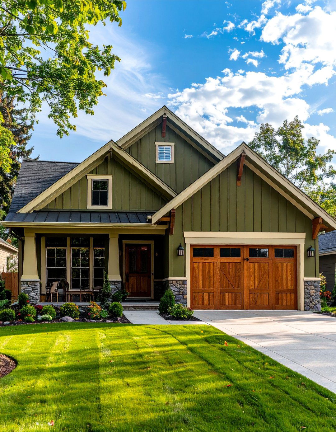 Ripe Olive Green on a Ranch Style House - 40 Dark Green Exterior Paint Color Schemes for Bold Homes