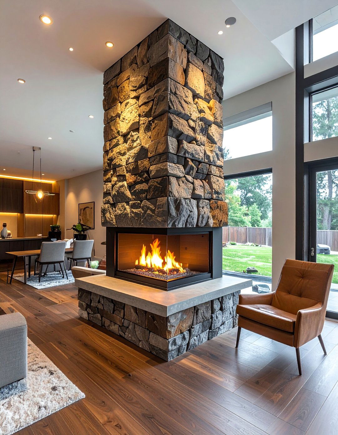 River Rock Fireplace Extending to the Ceiling - 30 Unique River Rock Fireplace Ideas for Cozy Homes