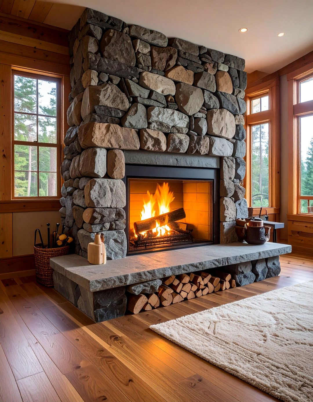River Rock Fireplace with Integrated Log Storage - 30 Unique River Rock Fireplace Ideas for Cozy Homes