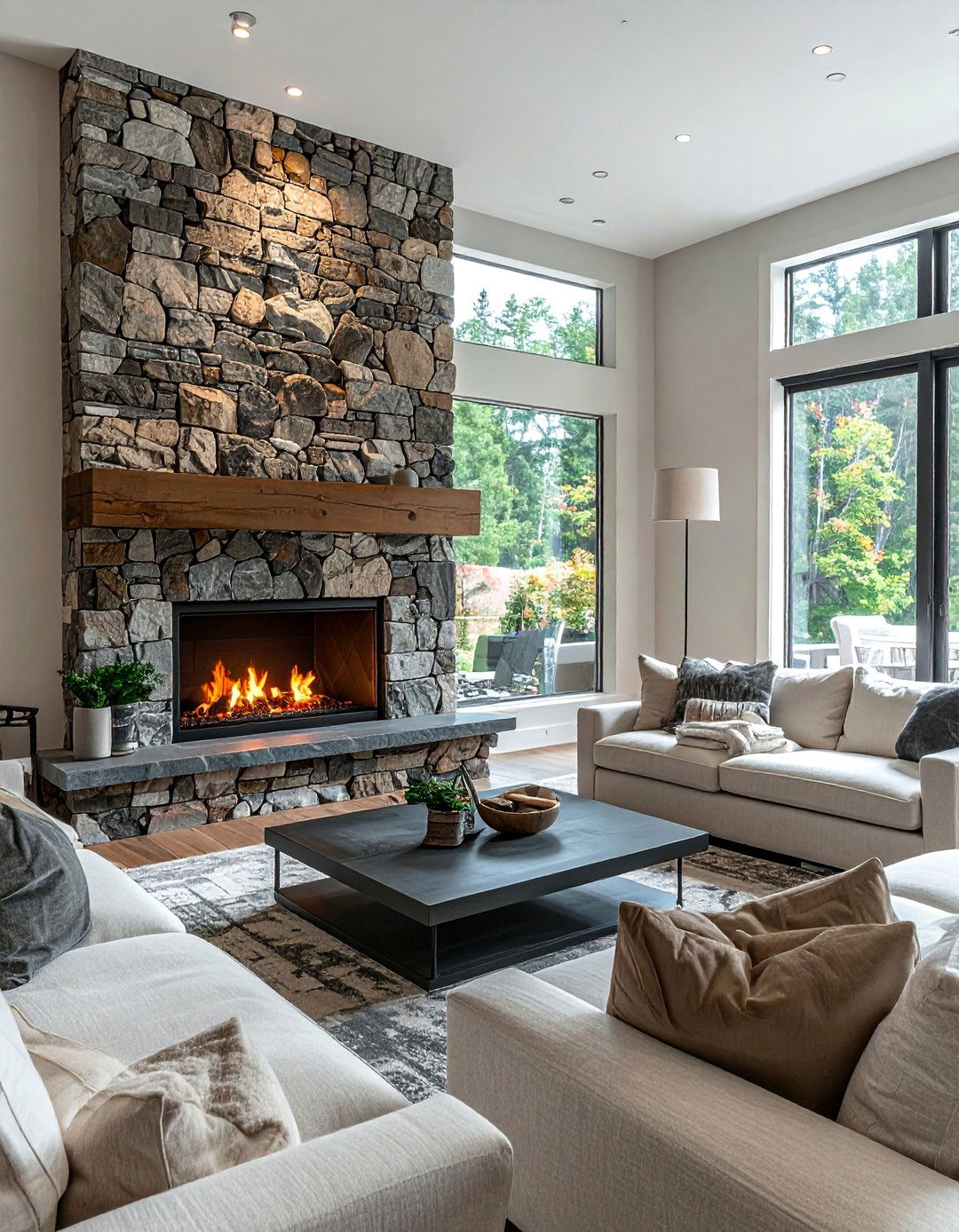 River Rock Fireplace with Raised Hearth Seating - 30 Unique River Rock Fireplace Ideas for Cozy Homes
