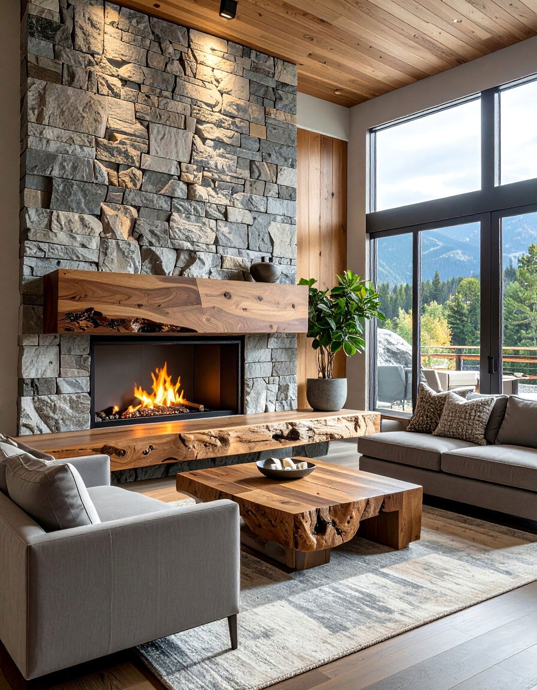 River Rock Fireplace with a Floating Mantel - 30 Unique River Rock Fireplace Ideas for Cozy Homes
