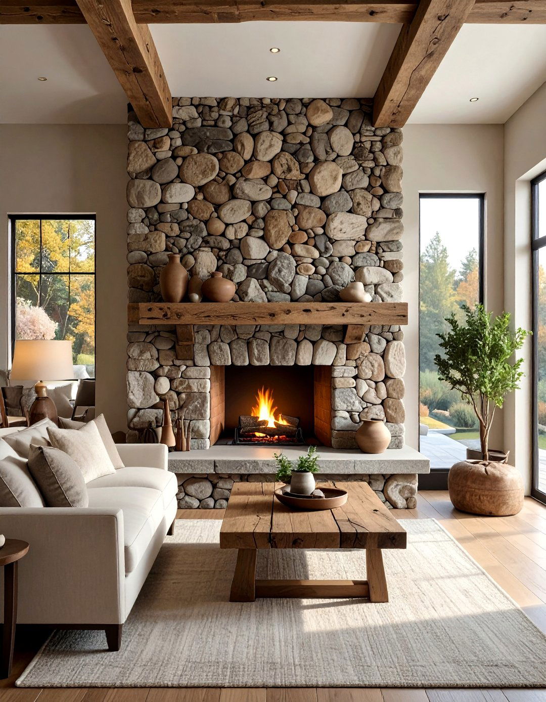 River Rock Fireplace with a Reclaimed Wood Mantel - 30 Unique River Rock Fireplace Ideas for Cozy Homes