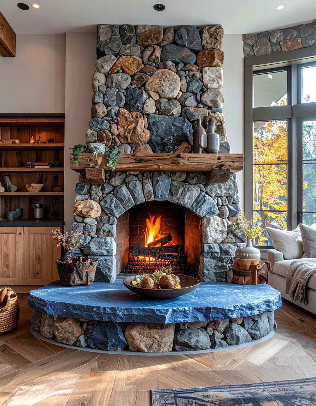 River Rock Fireplace with a Stone Slab Hearth - 30 Unique River Rock Fireplace Ideas for Cozy Homes