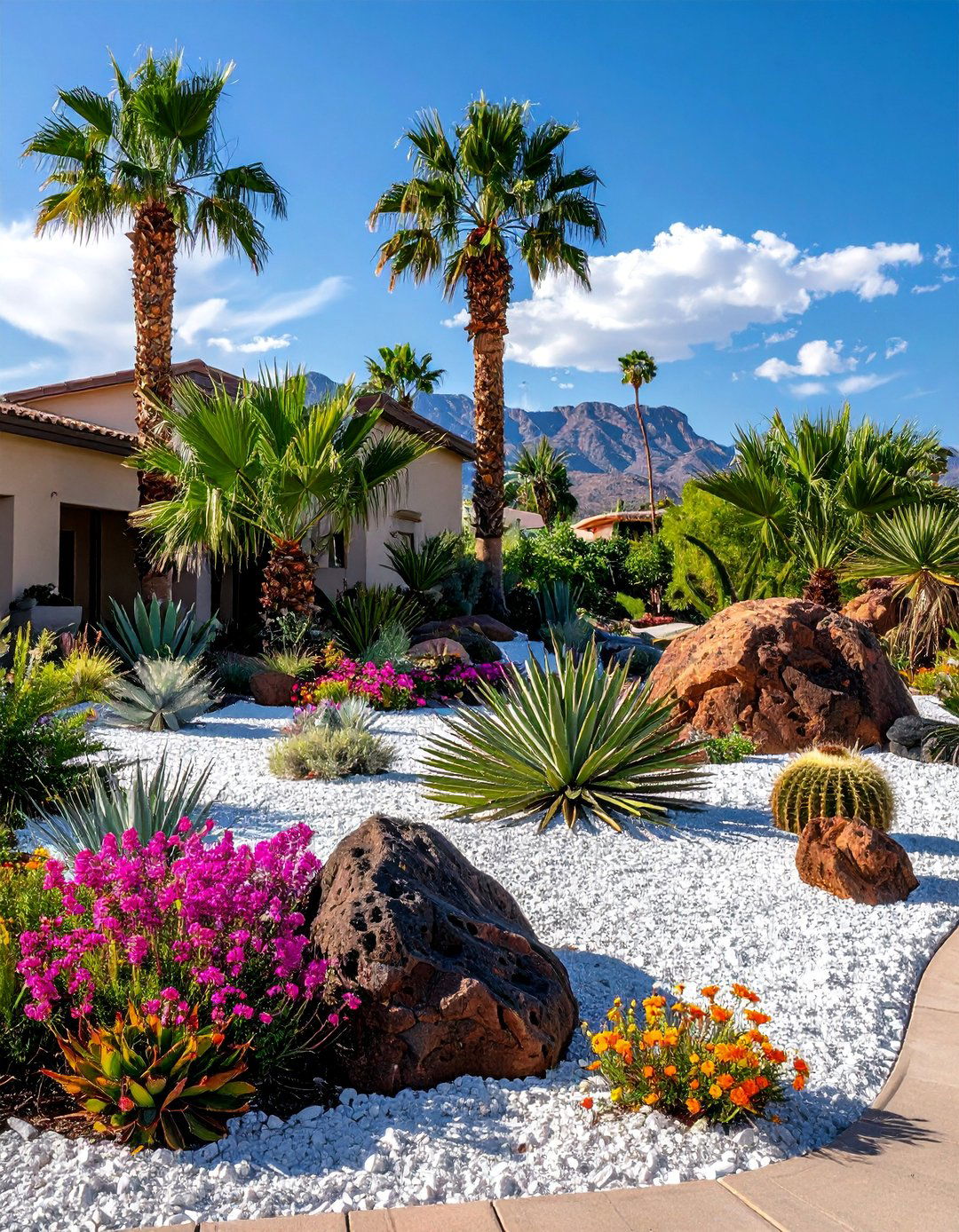 Rock Garden Desert Oasis - 30 Front Yard Palm Tree Landscape Design Ideas