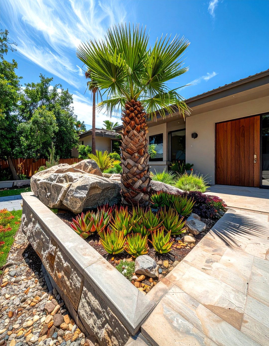 Rock Garden Featuring Triangle Palms - 35 Front Yard Palm Tree Landscape Design Ideas