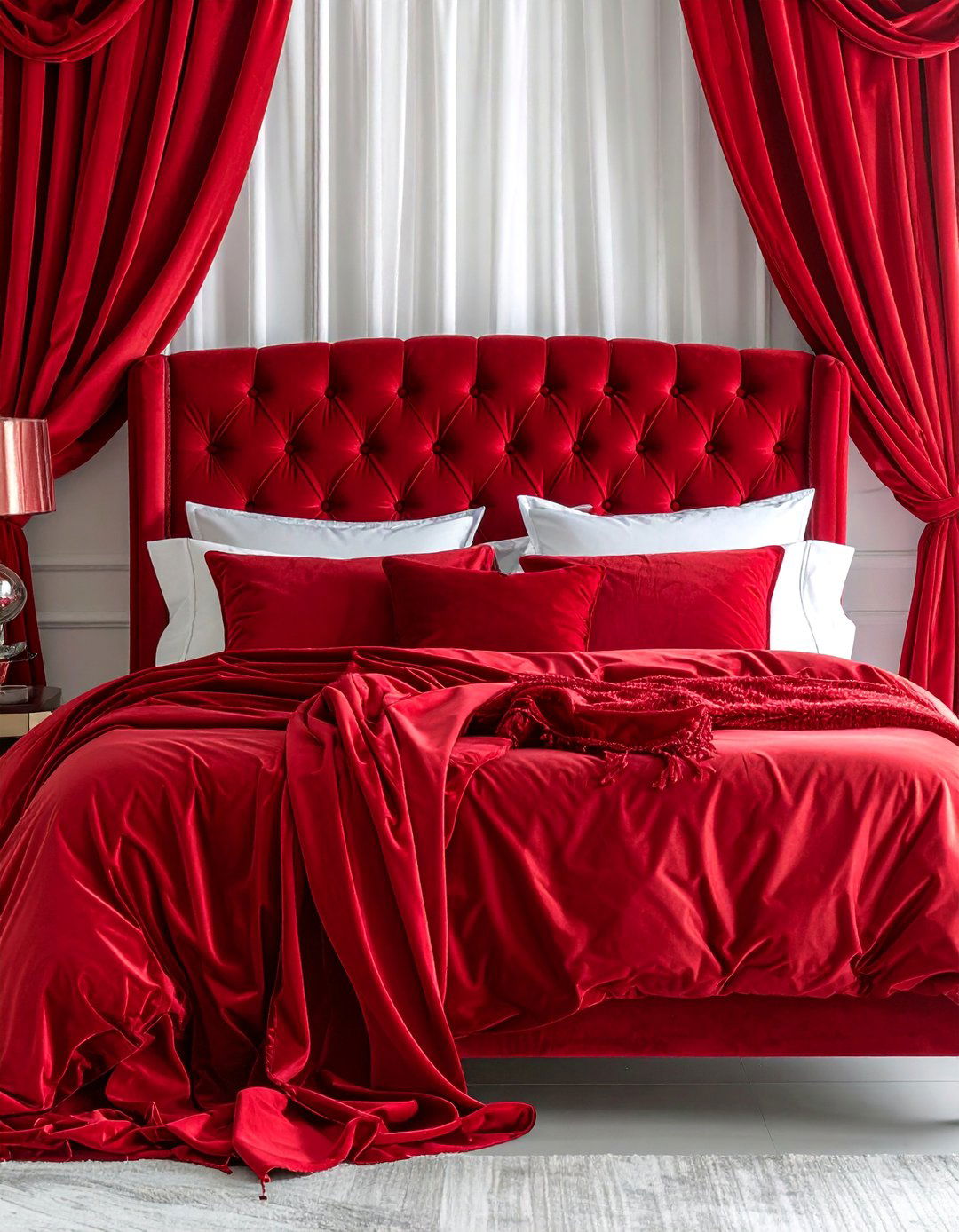 Romantic Red Bedroom with Velvet Textures - 20 Red Bedroom Ideas to Create a Bold and Cozy Space
