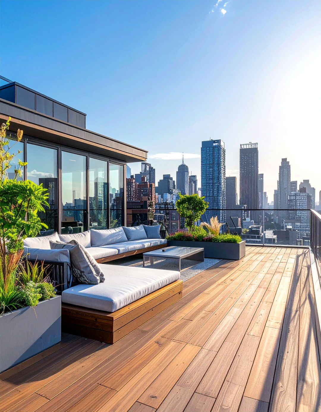 Rooftop Deck with Wind Protection - 20 Floating Deck Ideas for a Modern Outdoor Living Space