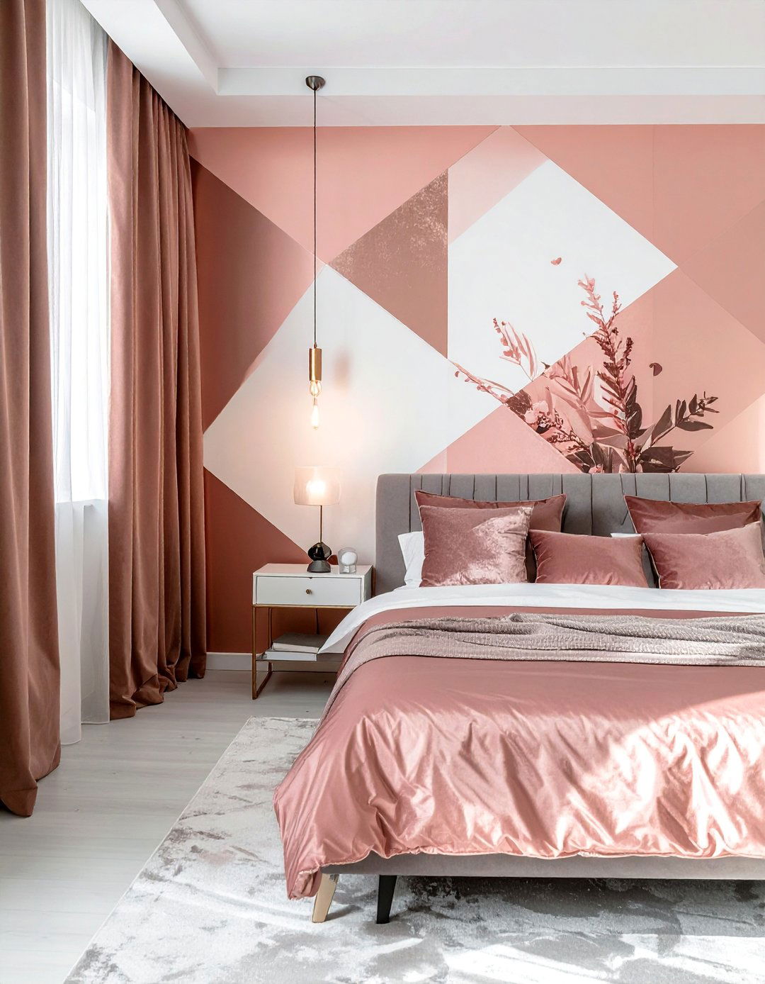 Rose Gold Geometric Accent Wall - 15 Rose Gold Bedroom Ideas for a Glamorous Look
