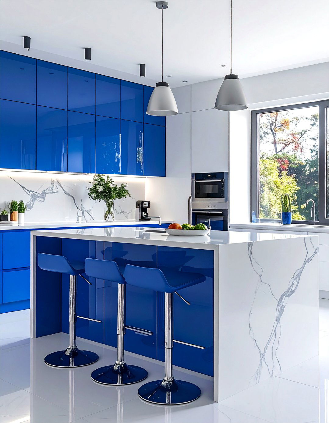 Royal Blue Island with a Waterfall Countertop - 30 White Kitchen Cabinets With Blue Island Design Ideas