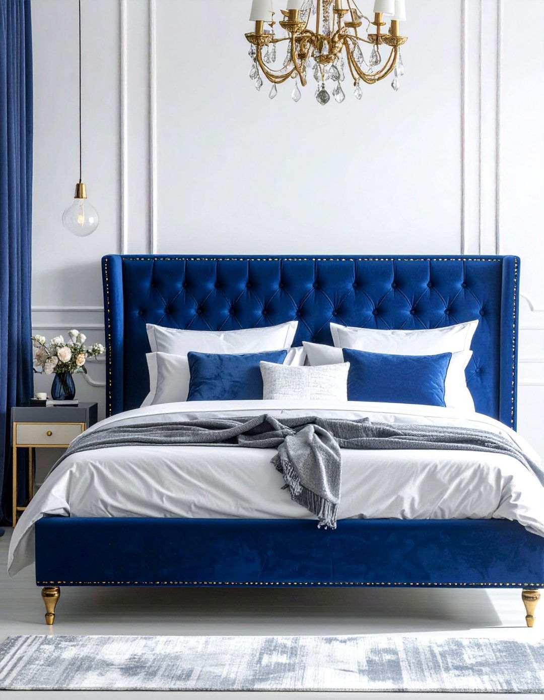 Royal Blue Velvet Headboard with Gold Nailhead Trim - 20 Blue and Gold Bedroom Ideas for a Luxurious Look