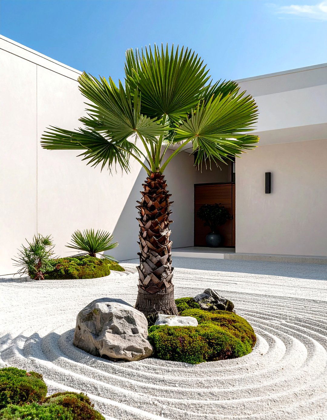 Ruffled Fan Palm in a Zen Garden - 35 Front Yard Palm Tree Landscape Design Ideas