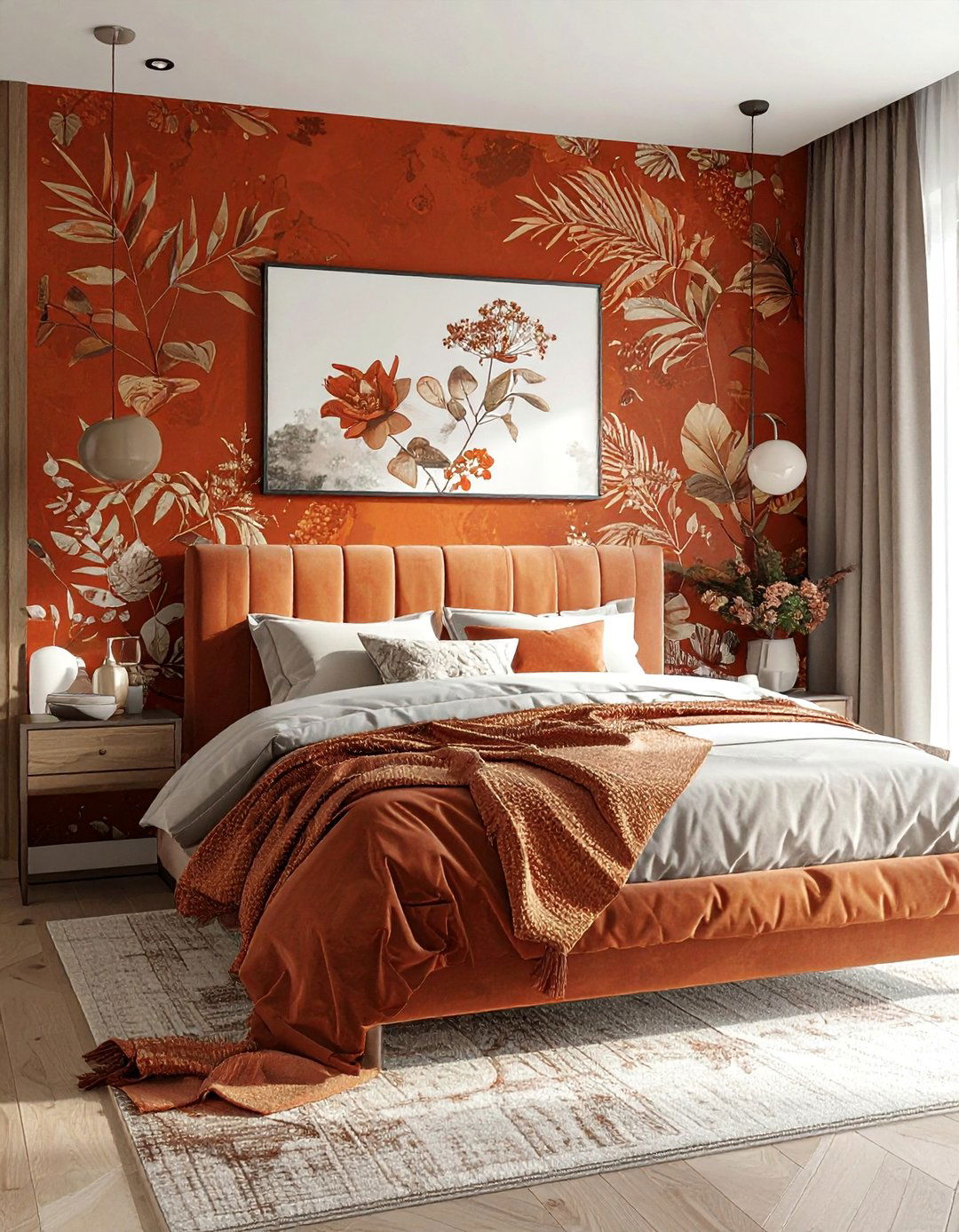 Rust Patterned Wallpaper for a Statement - 15 Rust Bedroom Ideas for a Warm and Cozy Ambiance