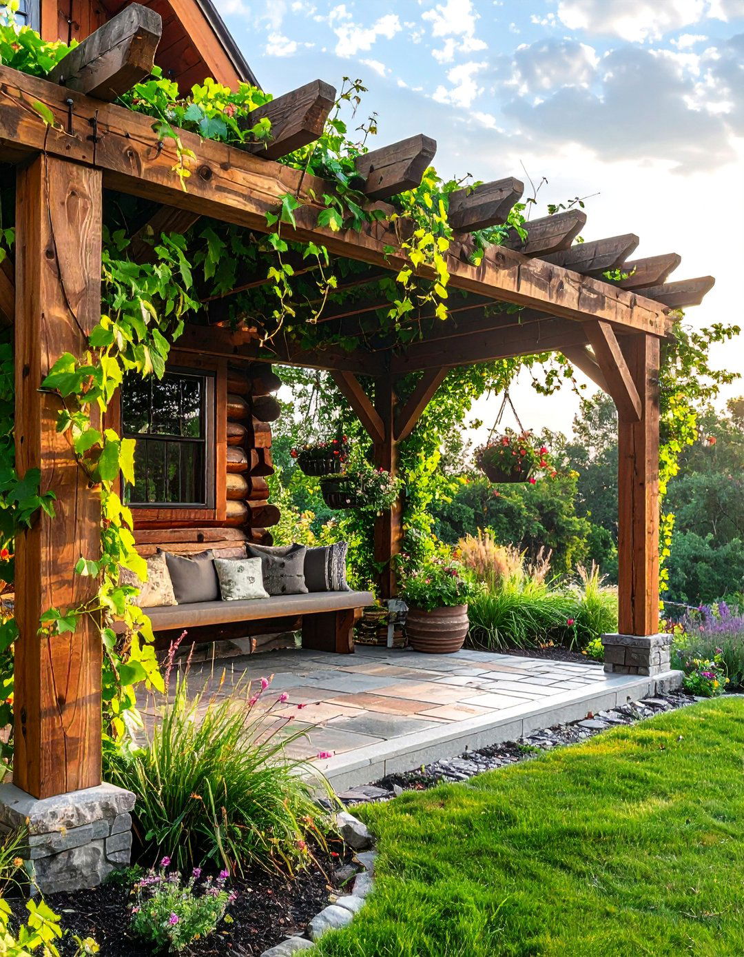 Rustic Arbor and Trellis Structures - 25 Log Cabin Landscaping Ideas for Rustic Appeal