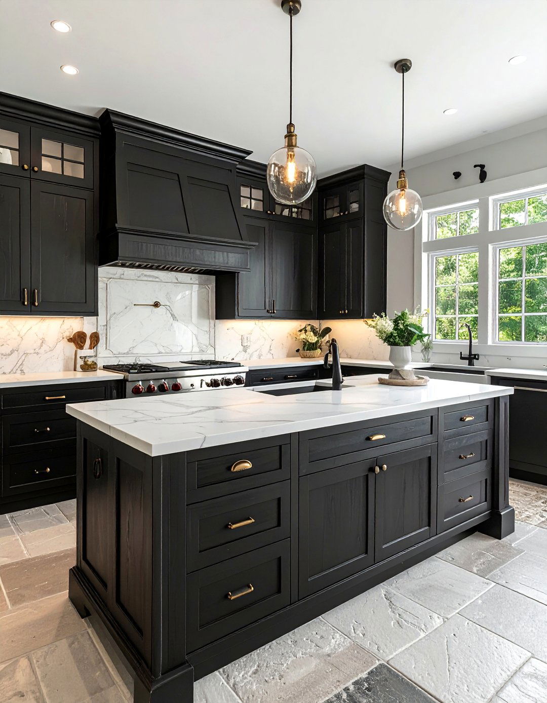 Rustic Black Distressed Cabinets with a Honed White Marble Countertop - 15 Black Kitchen Cabinets With White Countertops Ideas