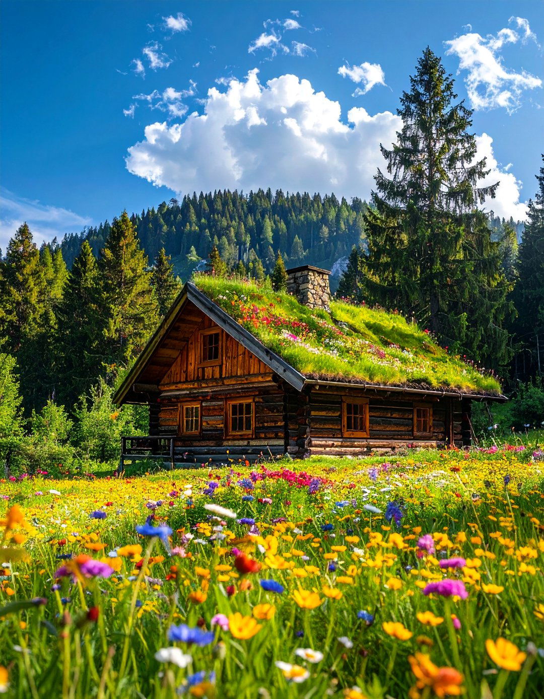 Rustic Cabin With a Wildflower Meadow Green Roof - 20 Houses With Green Roofs for Sustainable Living