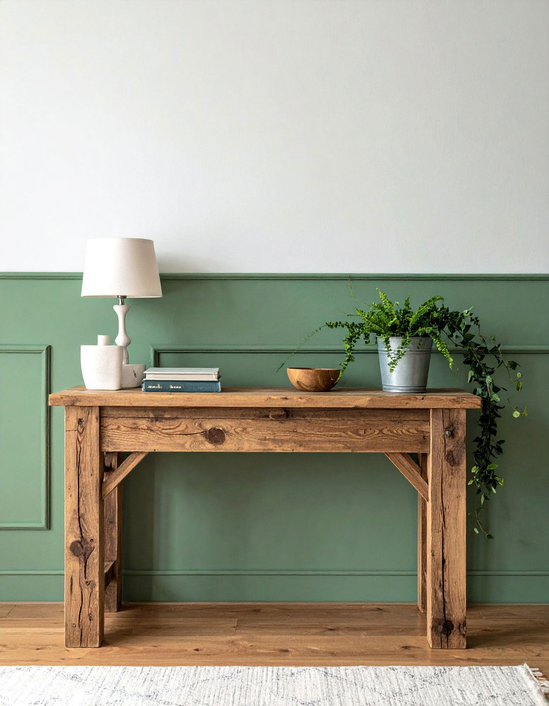 Rustic Console Table with Curated Decor - 25 Rustic Sage Green Living Room Ideas for Serenity