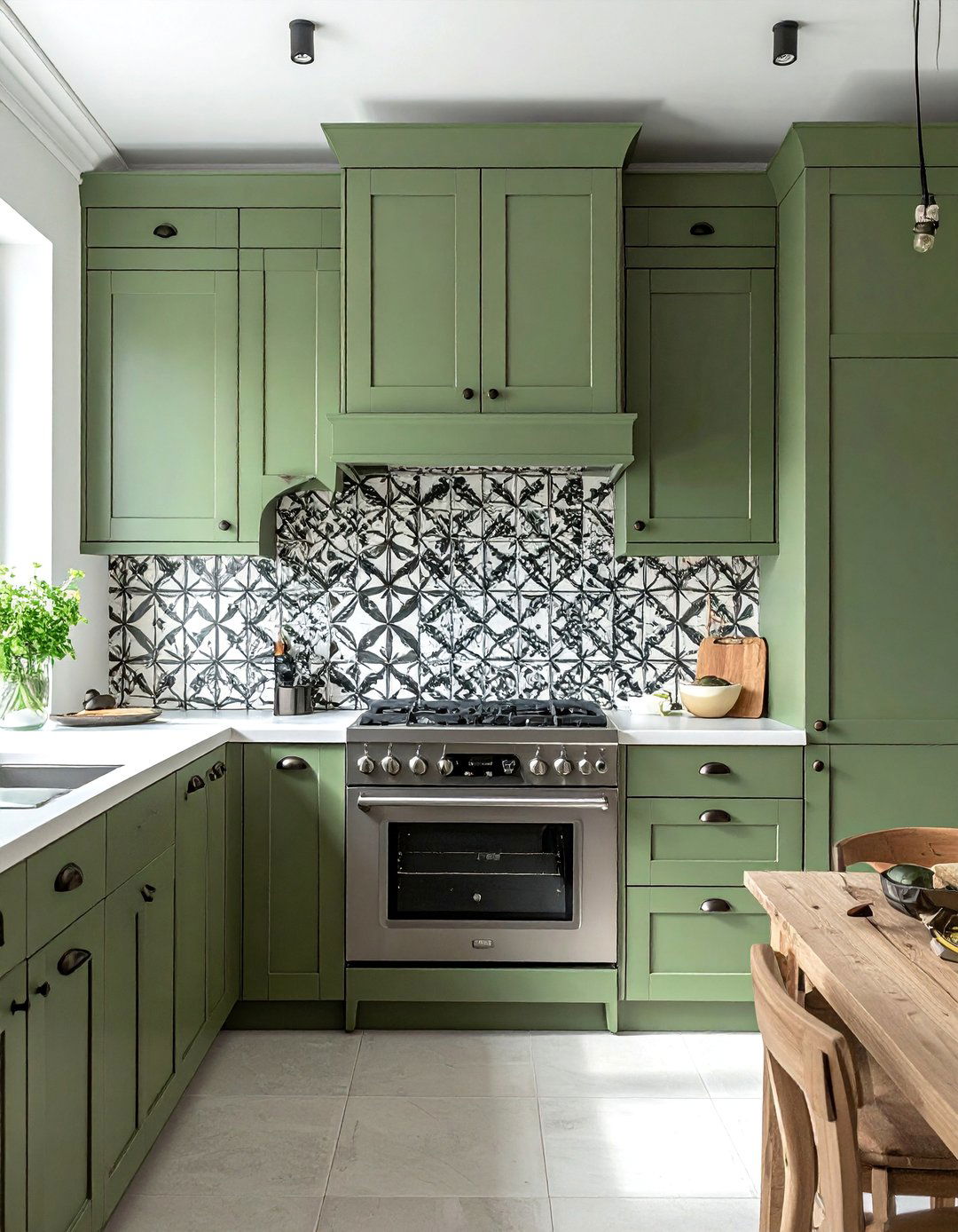 Rustic Sage Green Cabinets with a Patterned Tile Backsplash - 20 Rustic Sage Green Kitchen Cabinets Ideas